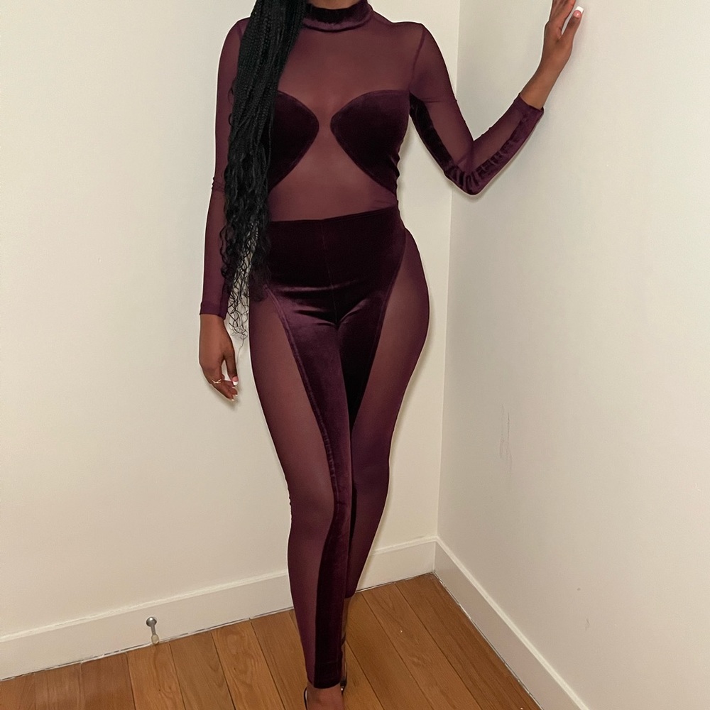 Forever 21 purple velvet/ mesh jumpsuit sz small worn once